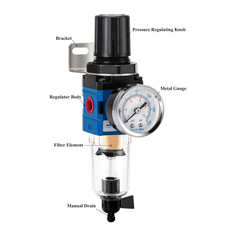 NANPU 1/4" NPT Compressed Air Filter Regulator Combo Piggyback, 5 Micron Brass Element, Poly Bowl, Manual Drain, Metal Bracket, 0-150 psi Gauge - AW2000-02M - Image 2